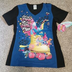 Trolls Tooniforms Graphic Print V-Neck Scrub Shirt Women's Size XS (NWT)